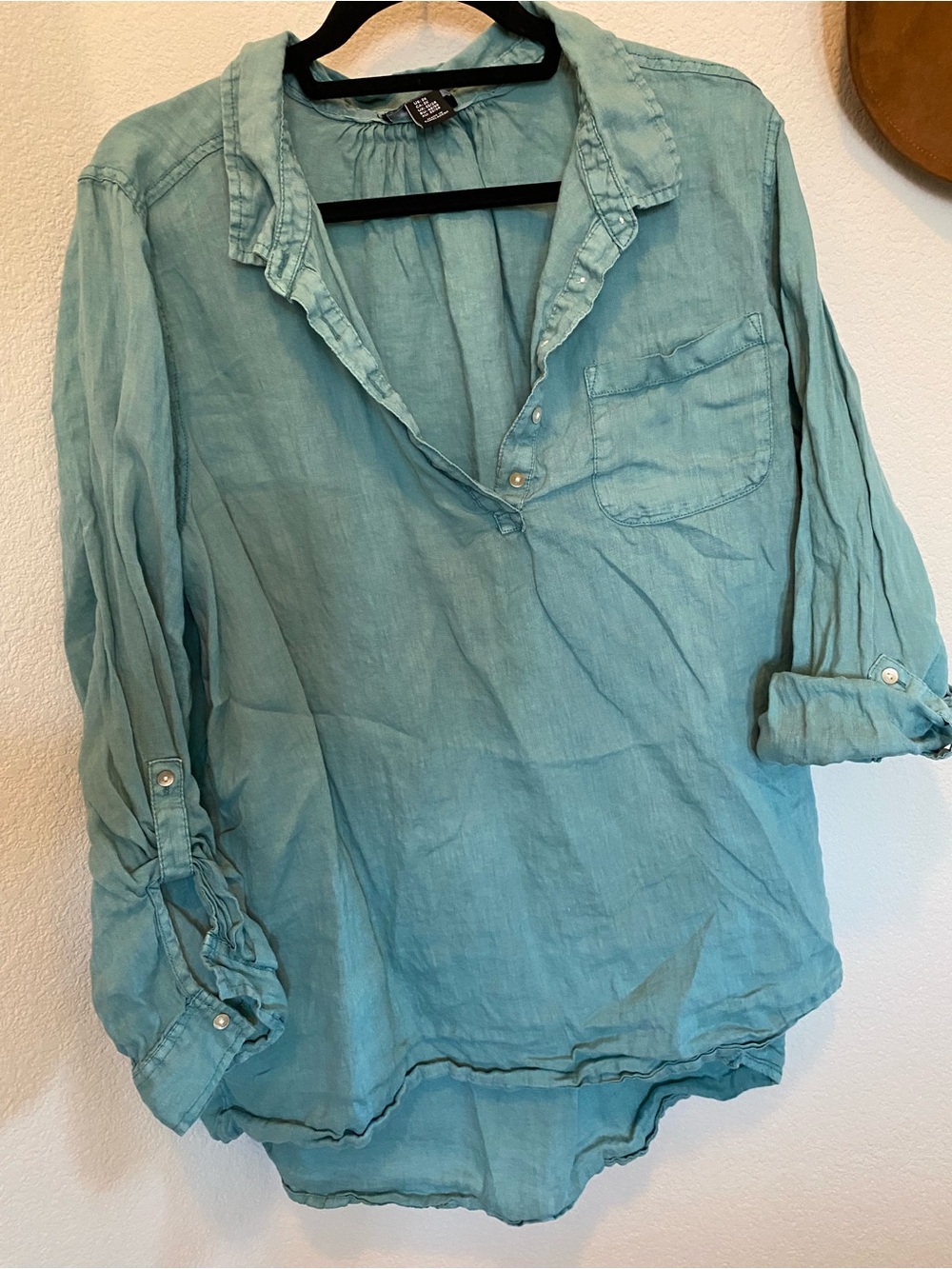 100% linen Washed Turquoise Button-Detail Women's Top